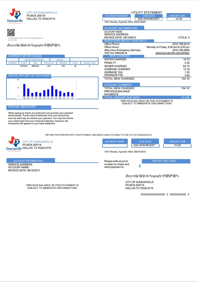 USA Texas City of Duncanville utility bill template in Word and PDF format
